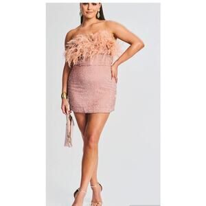 Retrofete Torin Feather Dress Sequin Off The Shoulder Mini Dusty Peach NWT XL